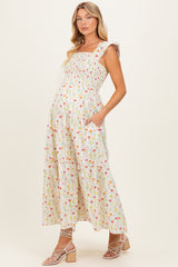 Cream Floral Smocked Maternity Maxi Dress
