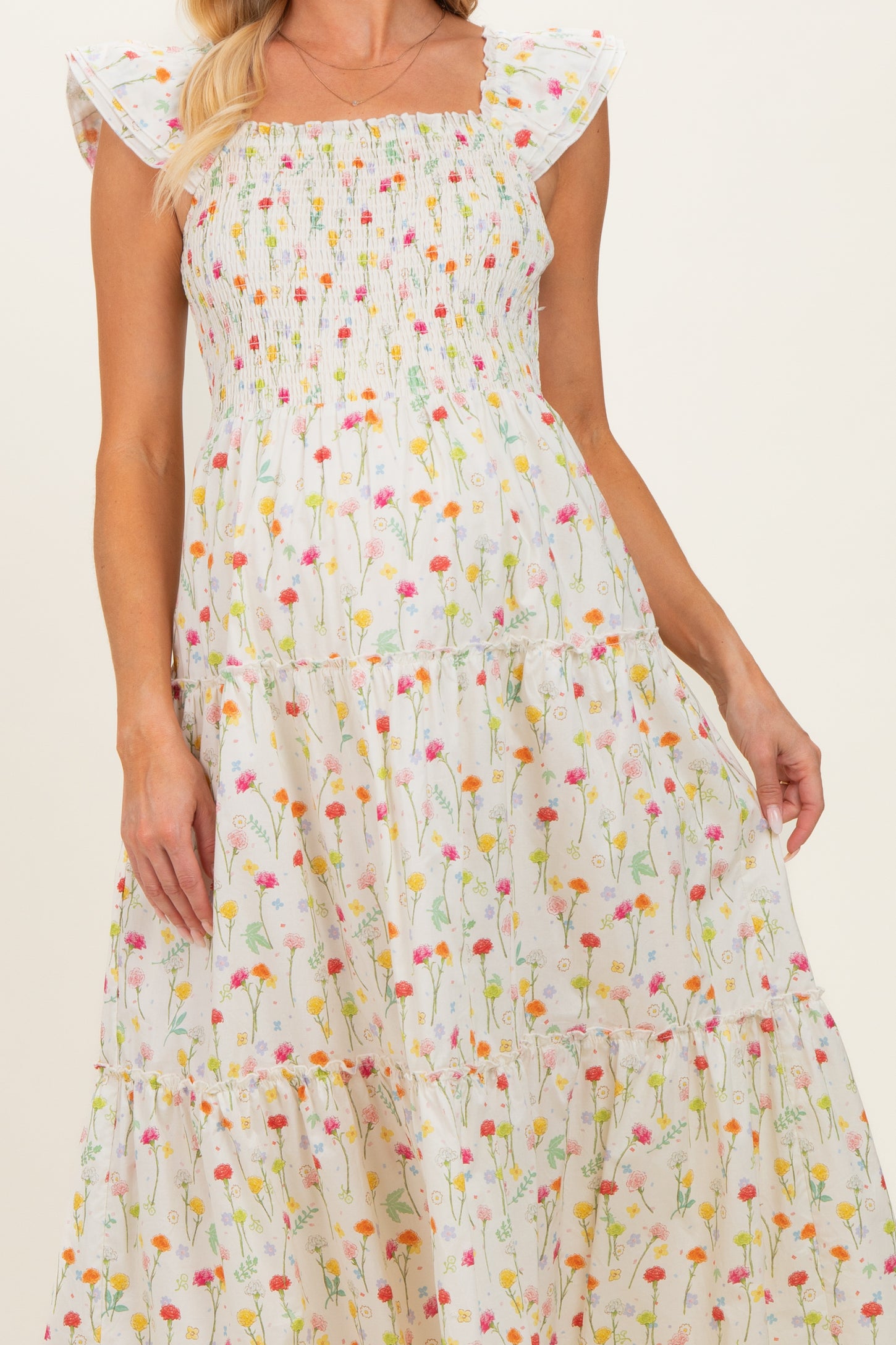 Cream Floral Smocked Maternity Maxi Dress