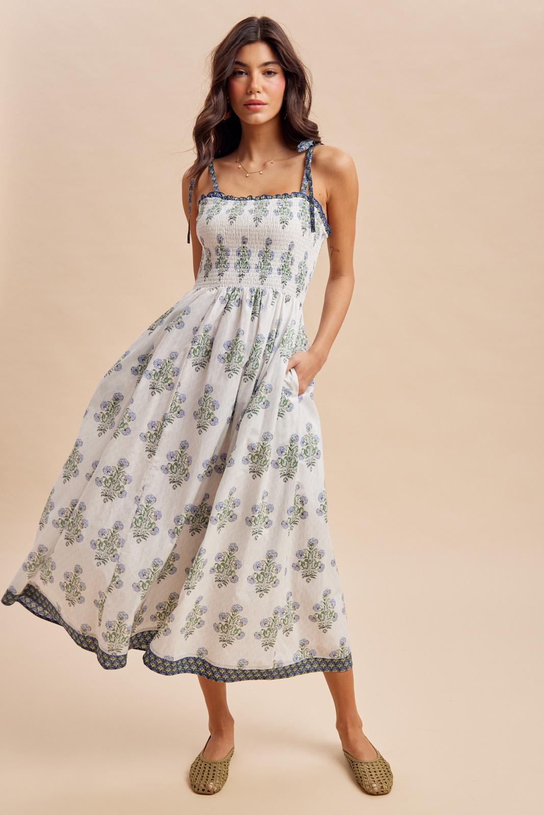 Off White Floral Smocked Shoulder Tie Maternity Maxi Dress