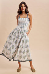 Off White Floral Smocked Shoulder Tie Maternity Maxi Dress