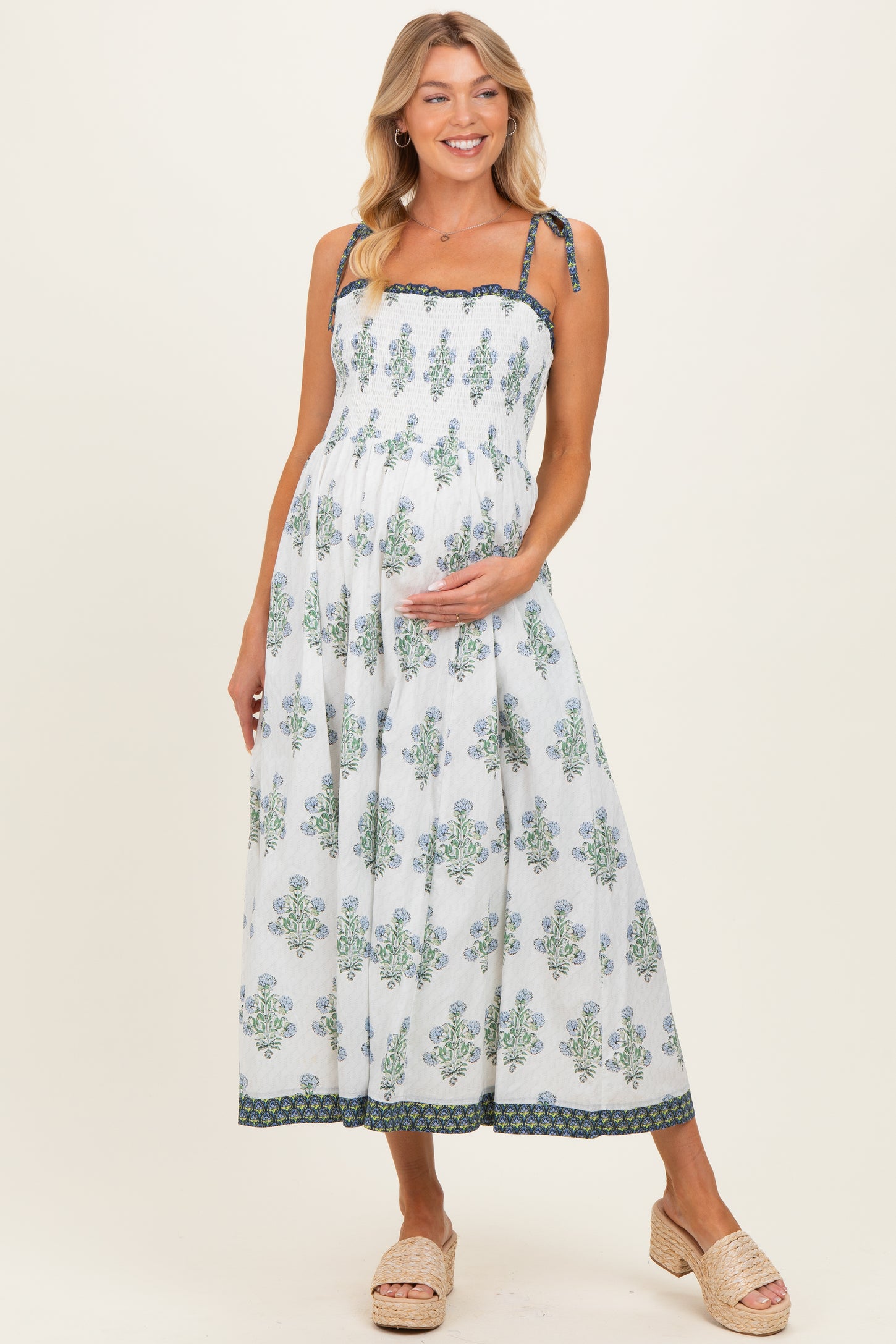 Off White Floral Smocked Shoulder Tie Maternity Maxi Dress