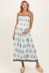 Off White Floral Smocked Shoulder Tie Maternity Maxi Dress