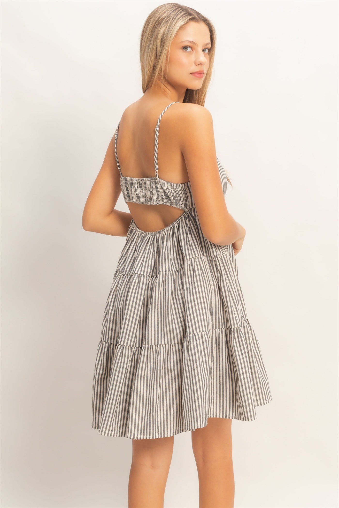 Black Striped Tiered Cutout Dress