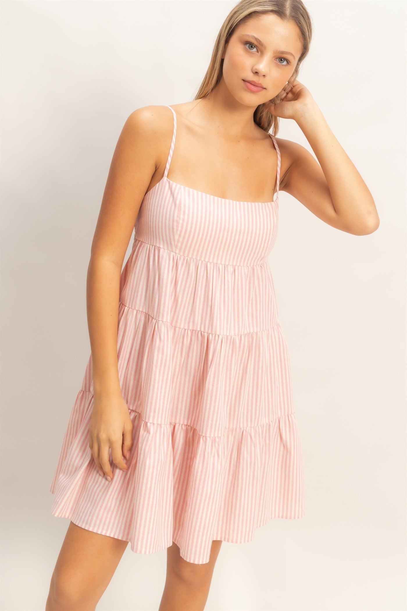 Pink Striped Tiered Cutout Maternity Dress