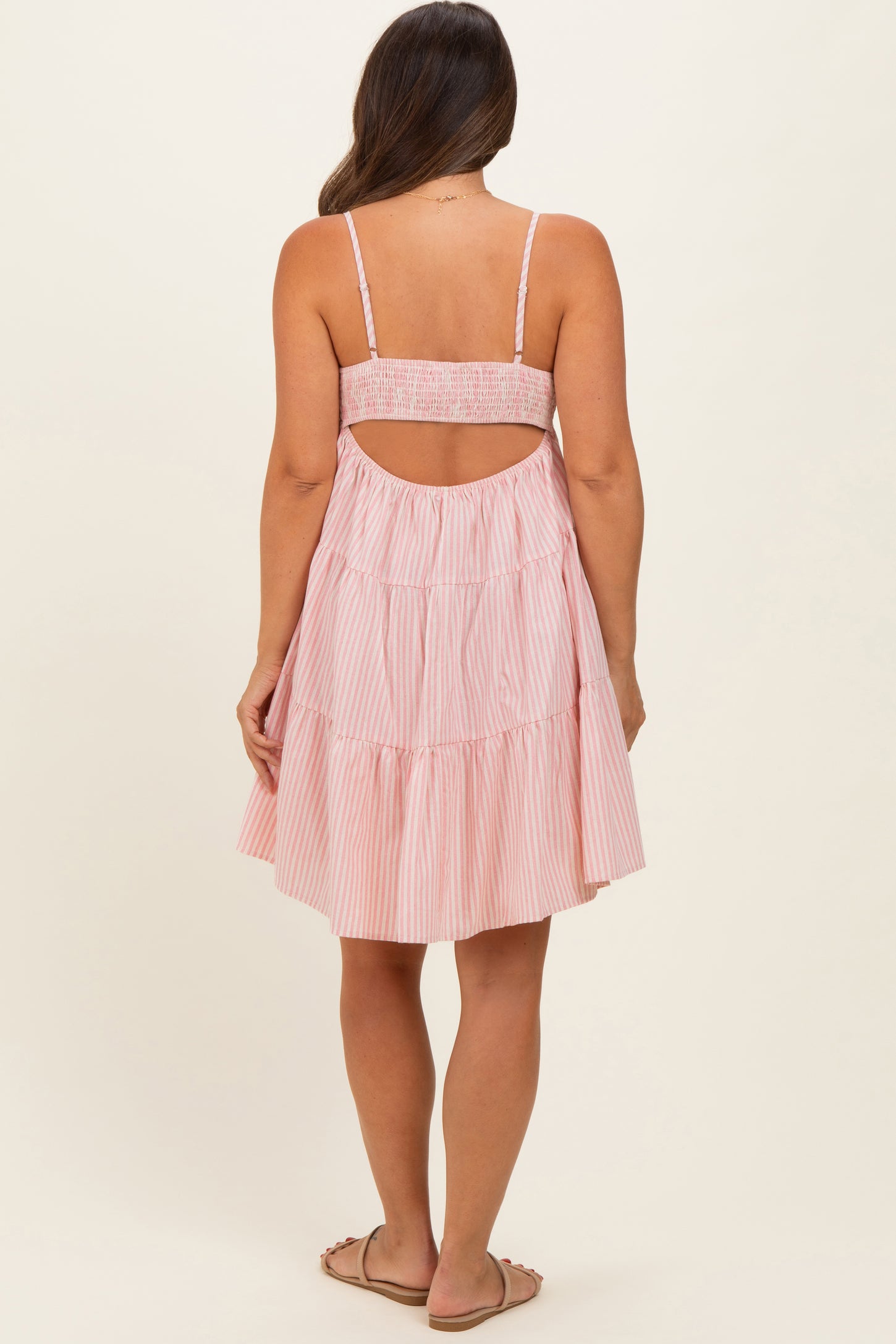Pink Striped Tiered Cutout Maternity Dress