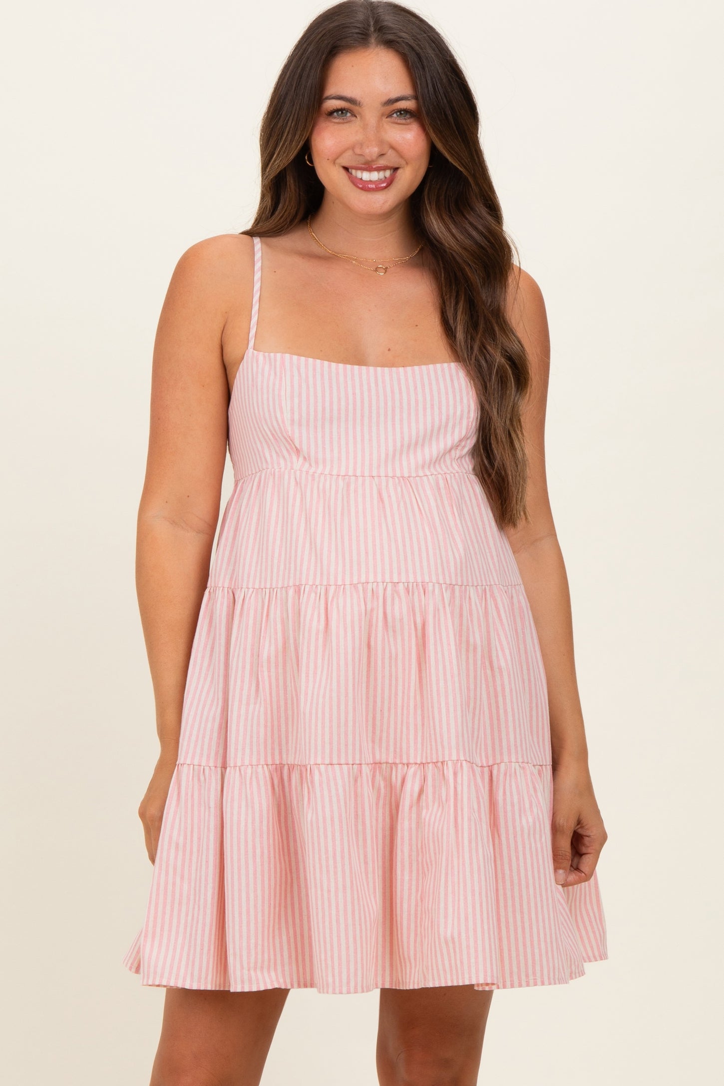 Pink Striped Tiered Cutout Maternity Dress