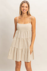 Beige Striped Tiered Cutout Maternity Dress