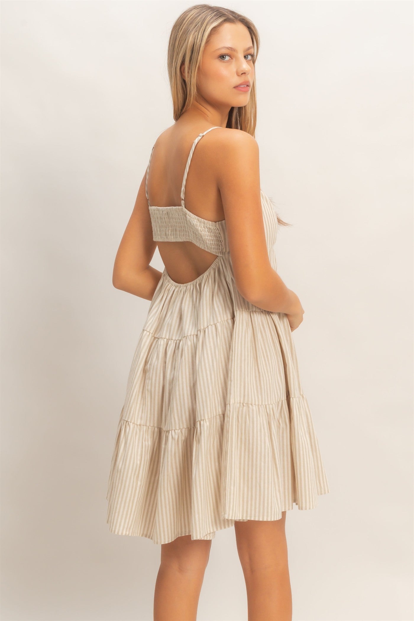 Beige Striped Tiered Cutout Dress