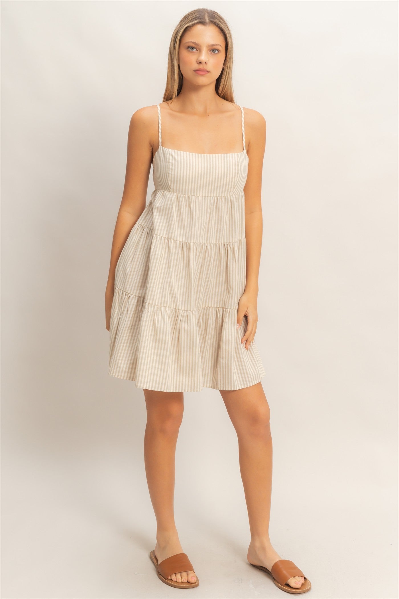Beige Striped Tiered Cutout Dress