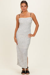 Off White Textured Stripe Beaded Strap Maternity Maxi Dress