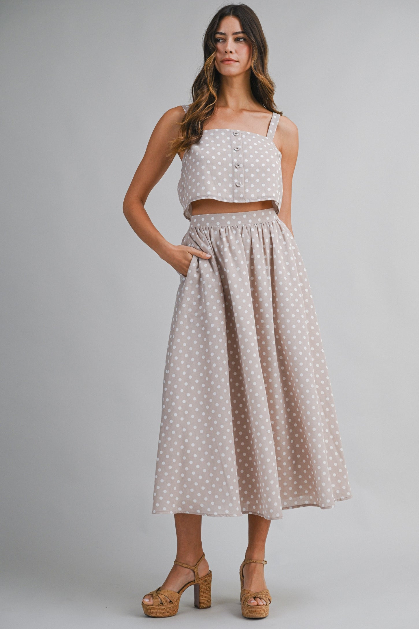 Mauve Polka Dot Crop Tank Midi Skirt Set