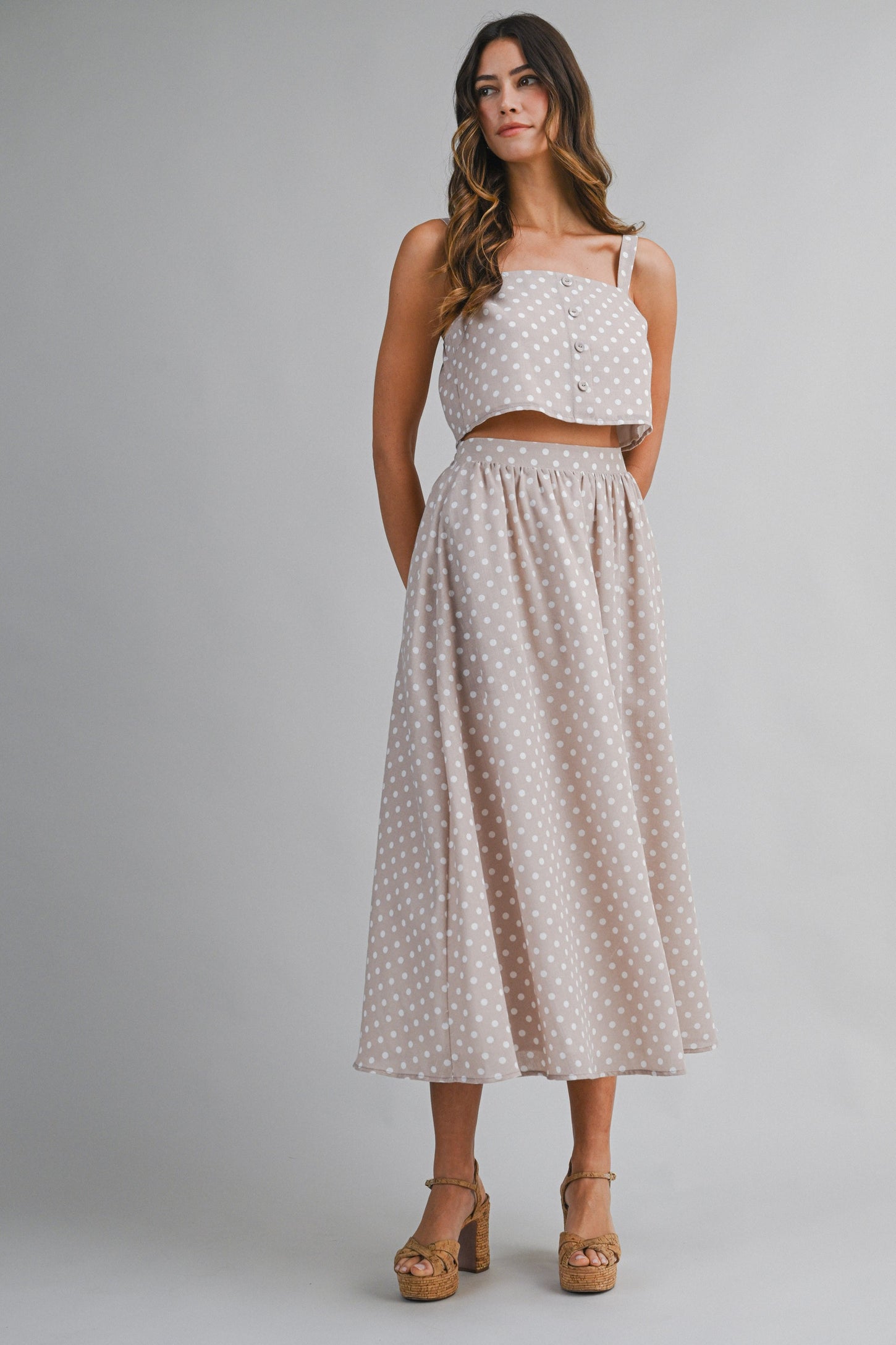 Mauve Polka Dot Crop Tank Midi Skirt Set