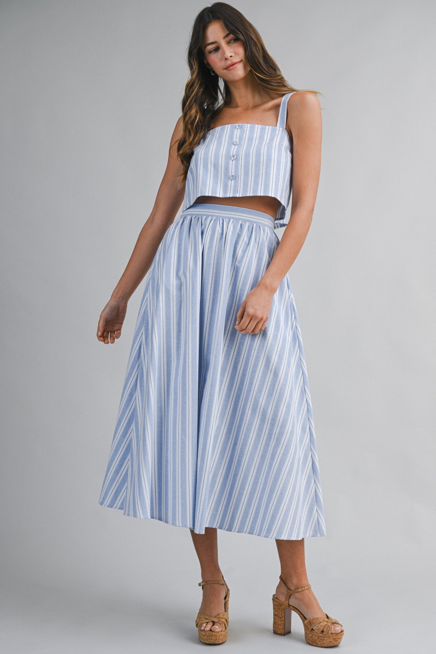 Blue Striped Crop Tank Midi Skirt Set