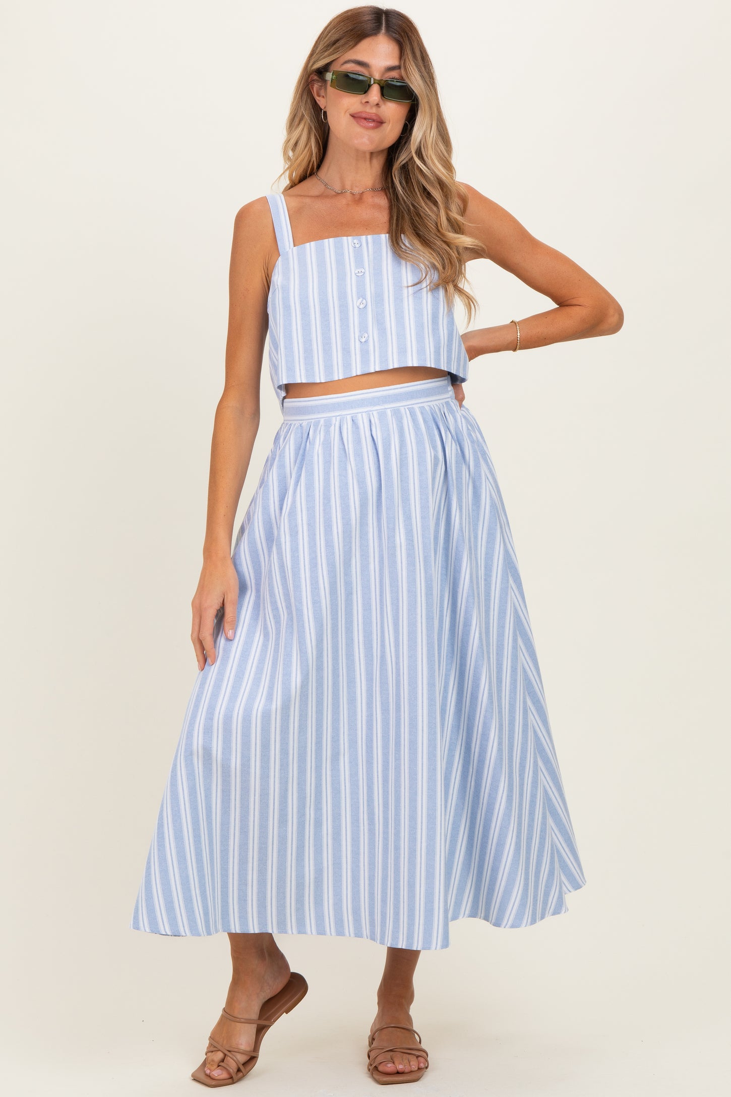 Blue Striped Crop Tank Midi Skirt Maternity Set