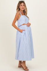Blue Striped Crop Tank Midi Skirt Maternity Set