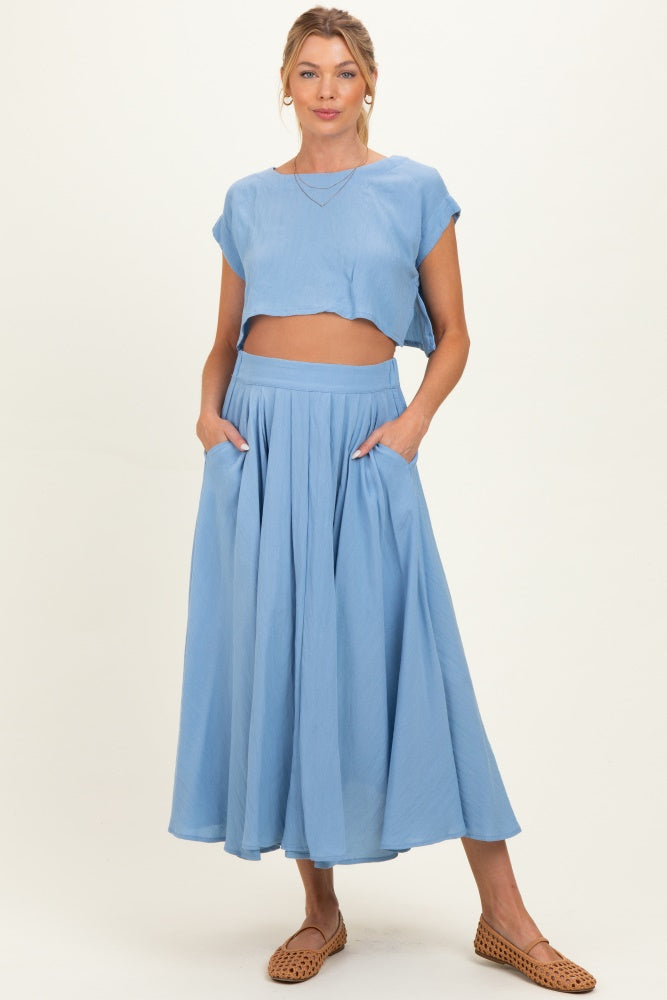 French Blue Crop Top Midi Skirt Maternity Set