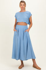 French Blue Crop Top Midi Skirt Maternity Set