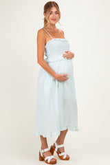 Sage Striped Smocked Ruffle Accent Maternity Midi Dress