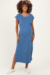 Blue Side Slit Maternity Midi T-Shirt Dress
