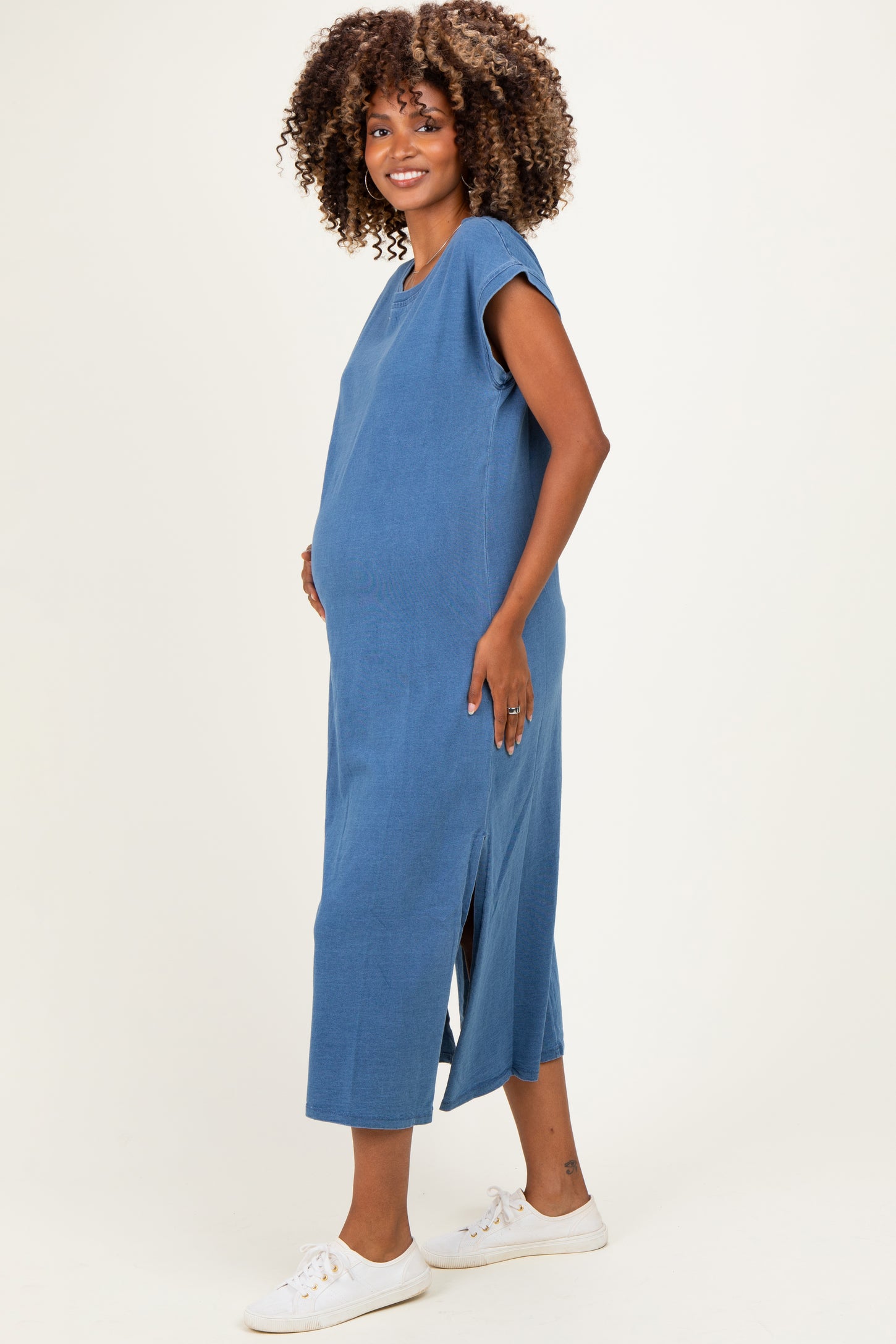 Blue Side Slit Maternity Midi T-Shirt Dress