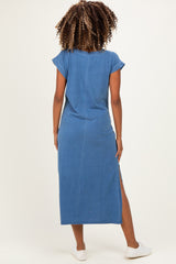Blue Side Slit Maternity Midi T-Shirt Dress