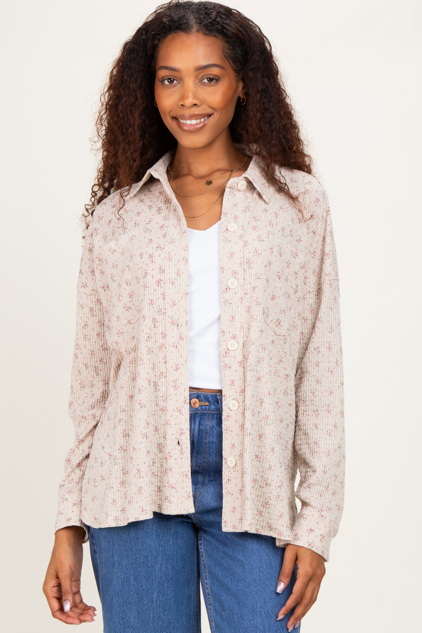 Oatmeal Floral Textured Knit Shirt Jacket
