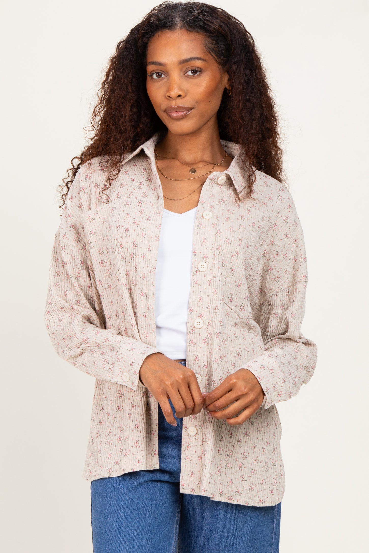 Oatmeal Floral Textured Knit Shirt Jacket