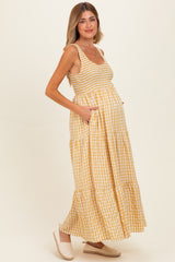 Yellow Gingham Sleeveless Tiered Maternity Maxi Dress