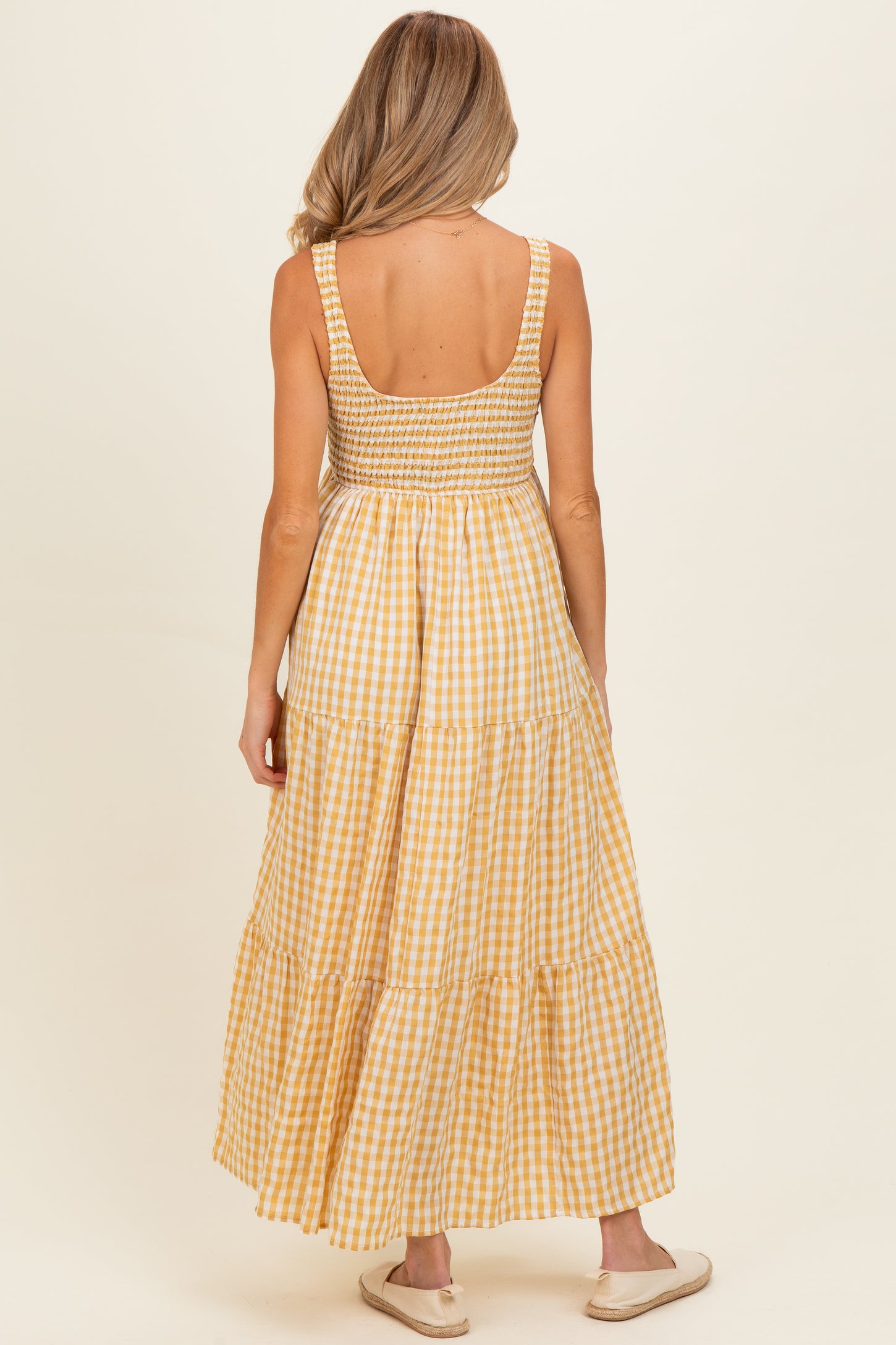 Yellow Gingham Sleeveless Tiered Maternity Maxi Dress