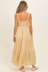 Yellow Gingham Sleeveless Tiered Maternity Maxi Dress