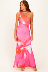 Pink Floral Neck Scarf Maxi Dress