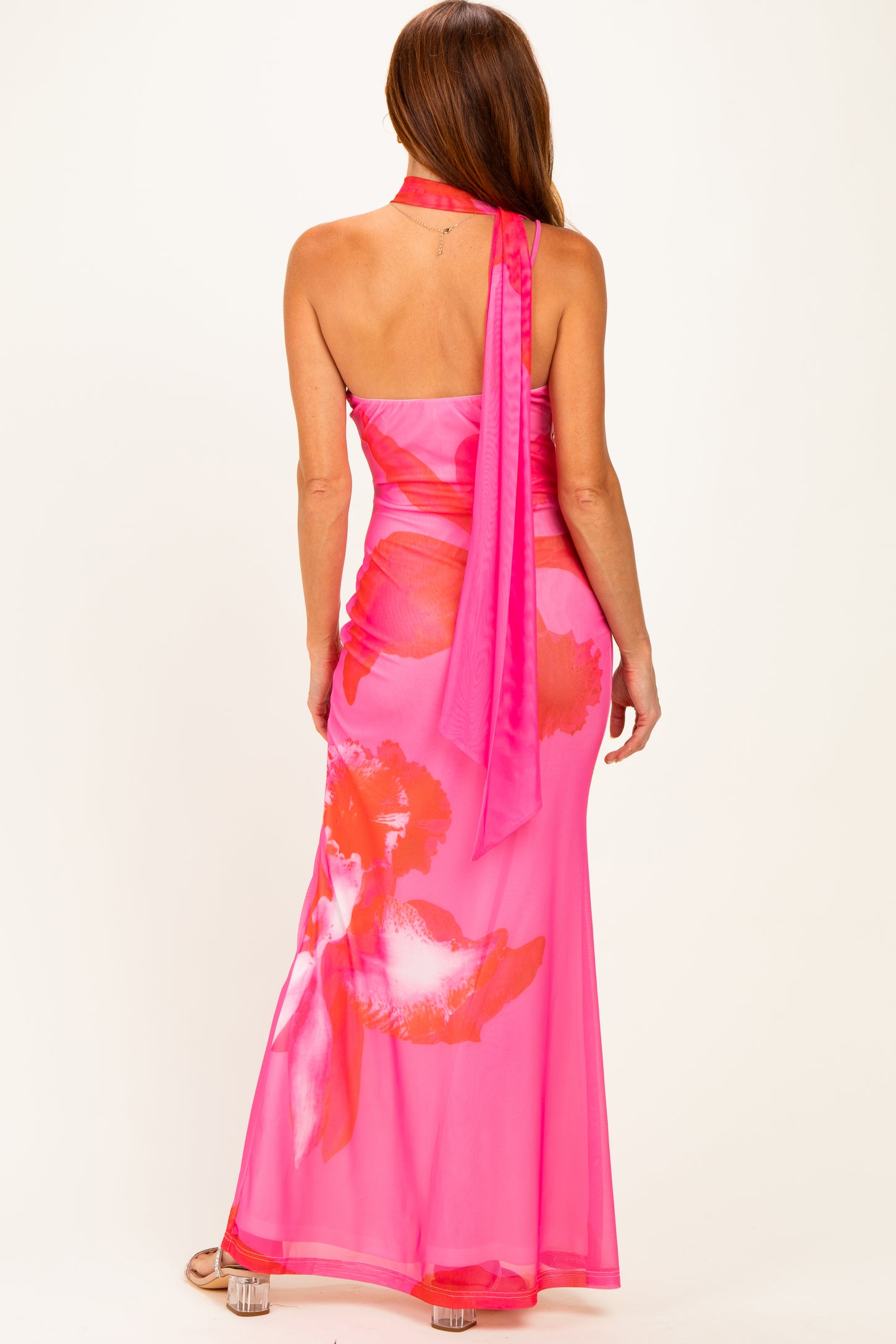 Pink Floral Neck Scarf Maxi Dress