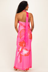 Pink Floral Neck Scarf Maternity Maxi Dress