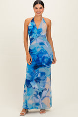 Blue Floral Halter Mesh Maternity Maxi Dress
