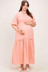 Light Pink Floral Smocked Puff Sleeve Plus Maternity Maxi Dress