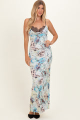 Light Blue Floral Lace Mesh Maternity Maxi Dress