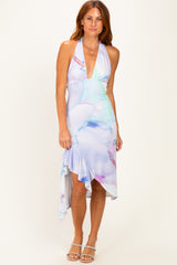 Lilac Print Asymmetrical Halter Midi Dress