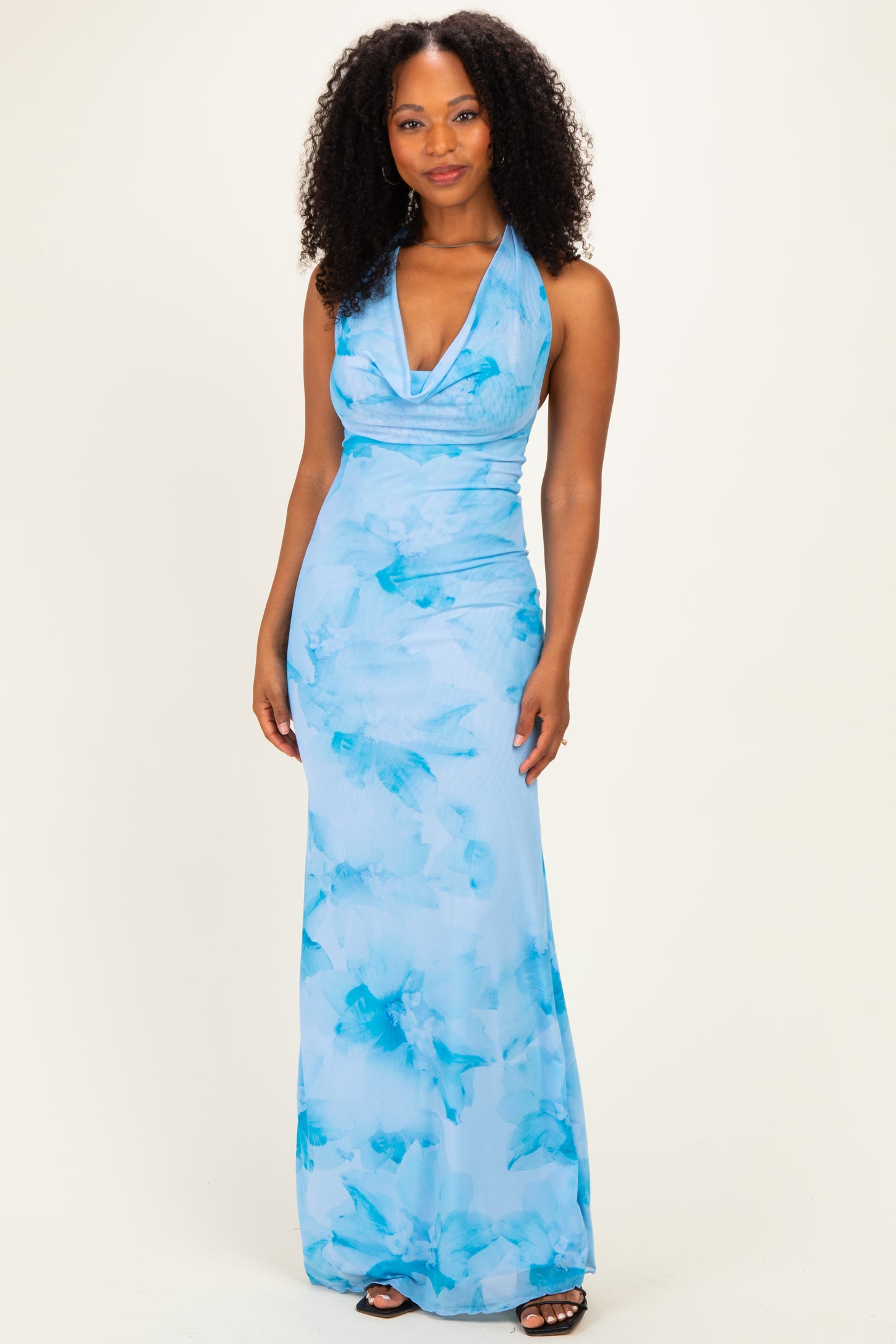 Light Blue Floral Cowl Maternity Maxi Dress