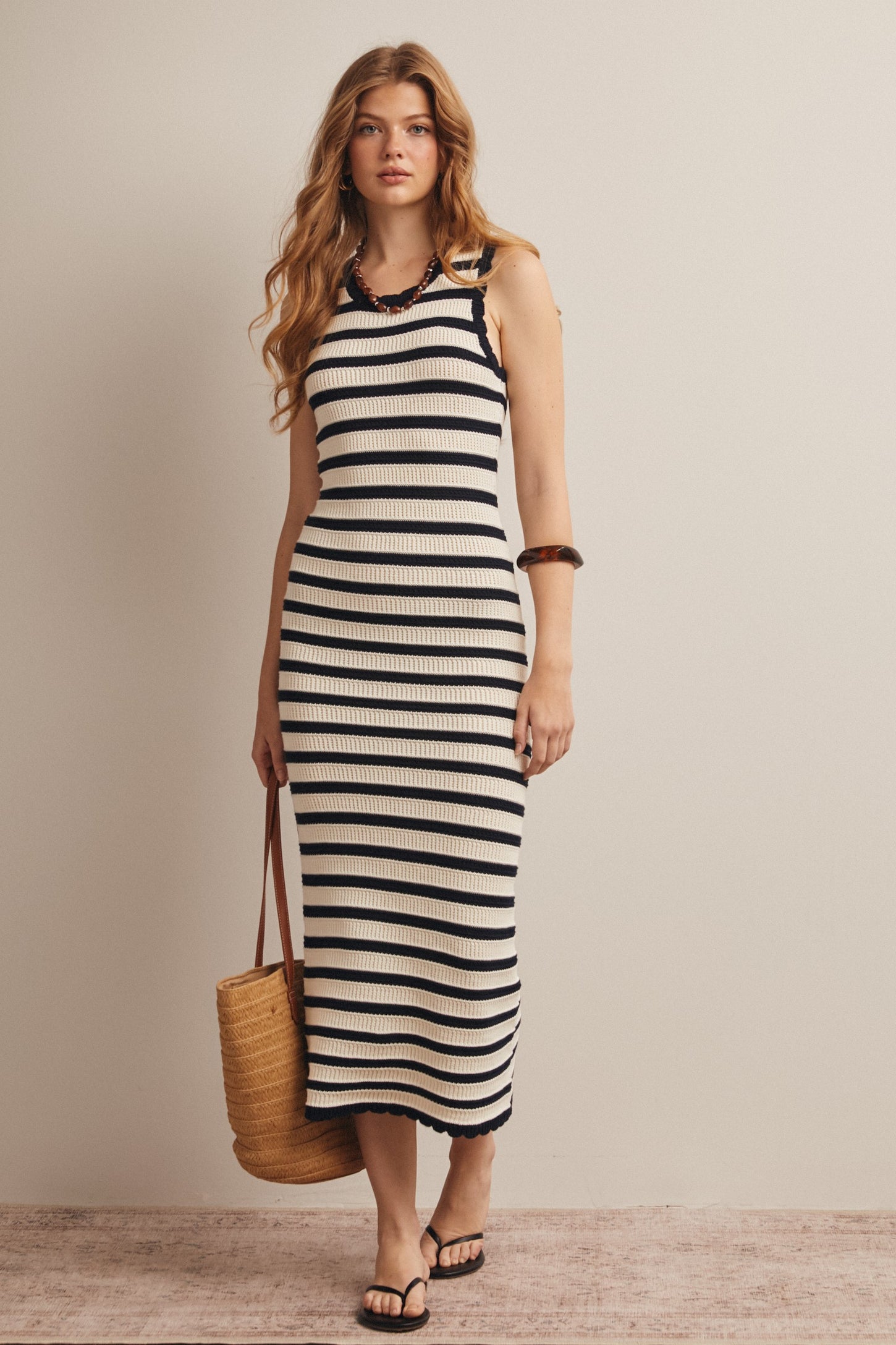 Navy Striped Crochet Knit Maternity Midi Dress