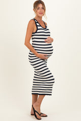 Navy Striped Crochet Knit Maternity Midi Dress