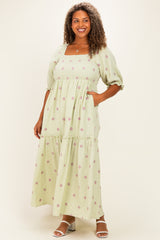 Mint Floral Smocked Puff Sleeve Plus Maxi Dress