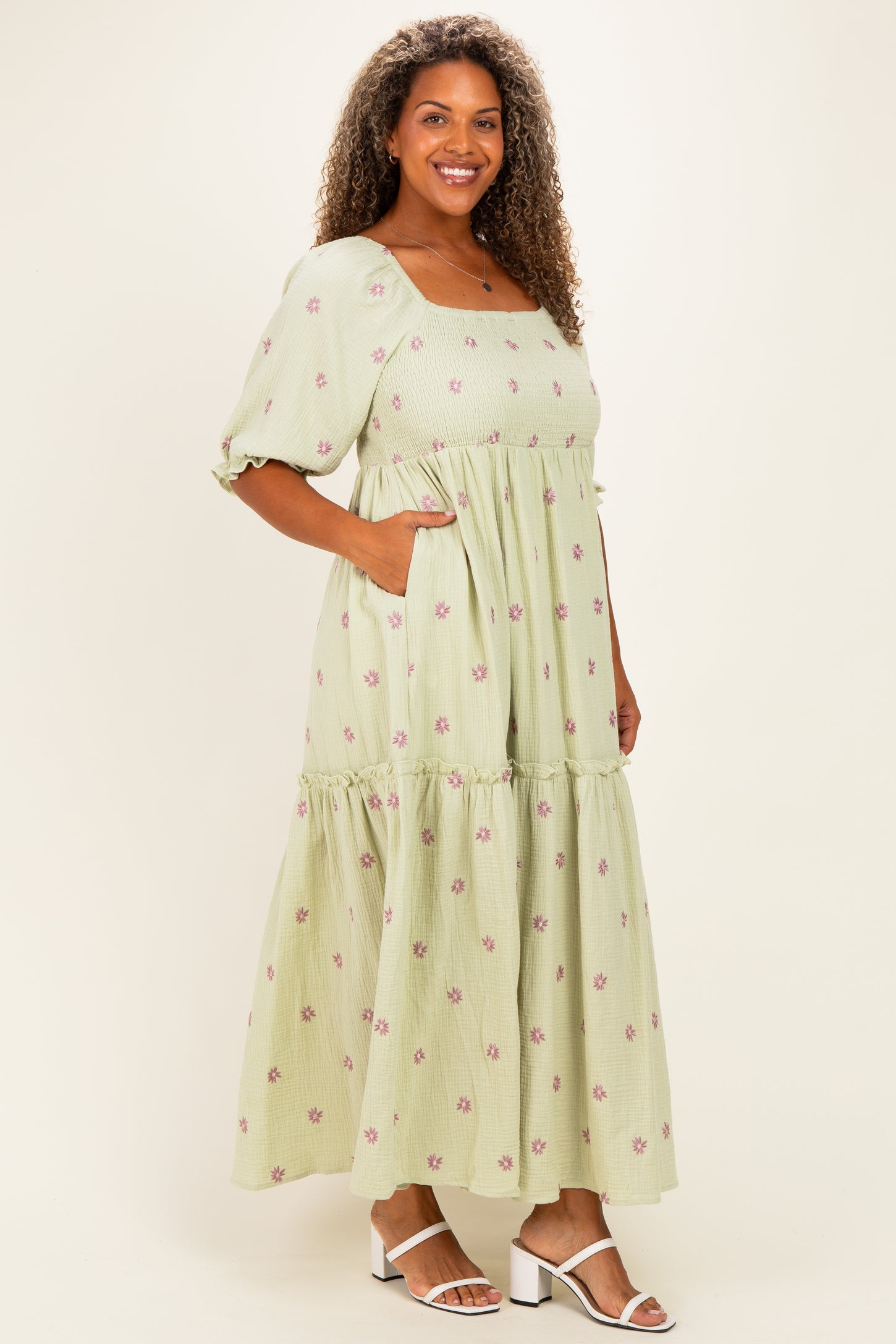 Mint Floral Smocked Puff Sleeve Plus Maxi Dress