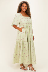 Mint Floral Smocked Puff Sleeve Plus Maxi Dress
