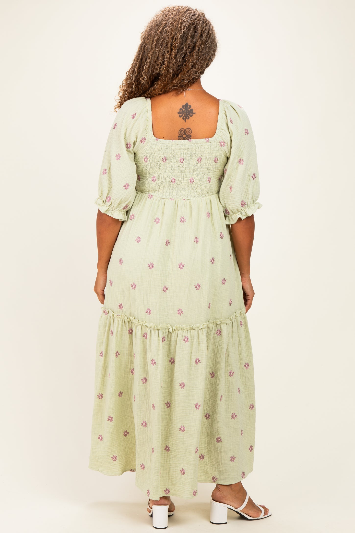 Mint Floral Smocked Puff Sleeve Plus Maxi Dress