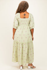 Mint Floral Smocked Puff Sleeve Plus Maxi Dress