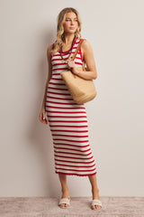 Red Striped Crochet Knit Midi Dress