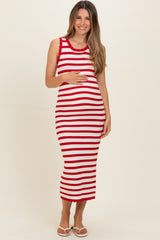 Red Striped Crochet Knit Maternity Midi Dress