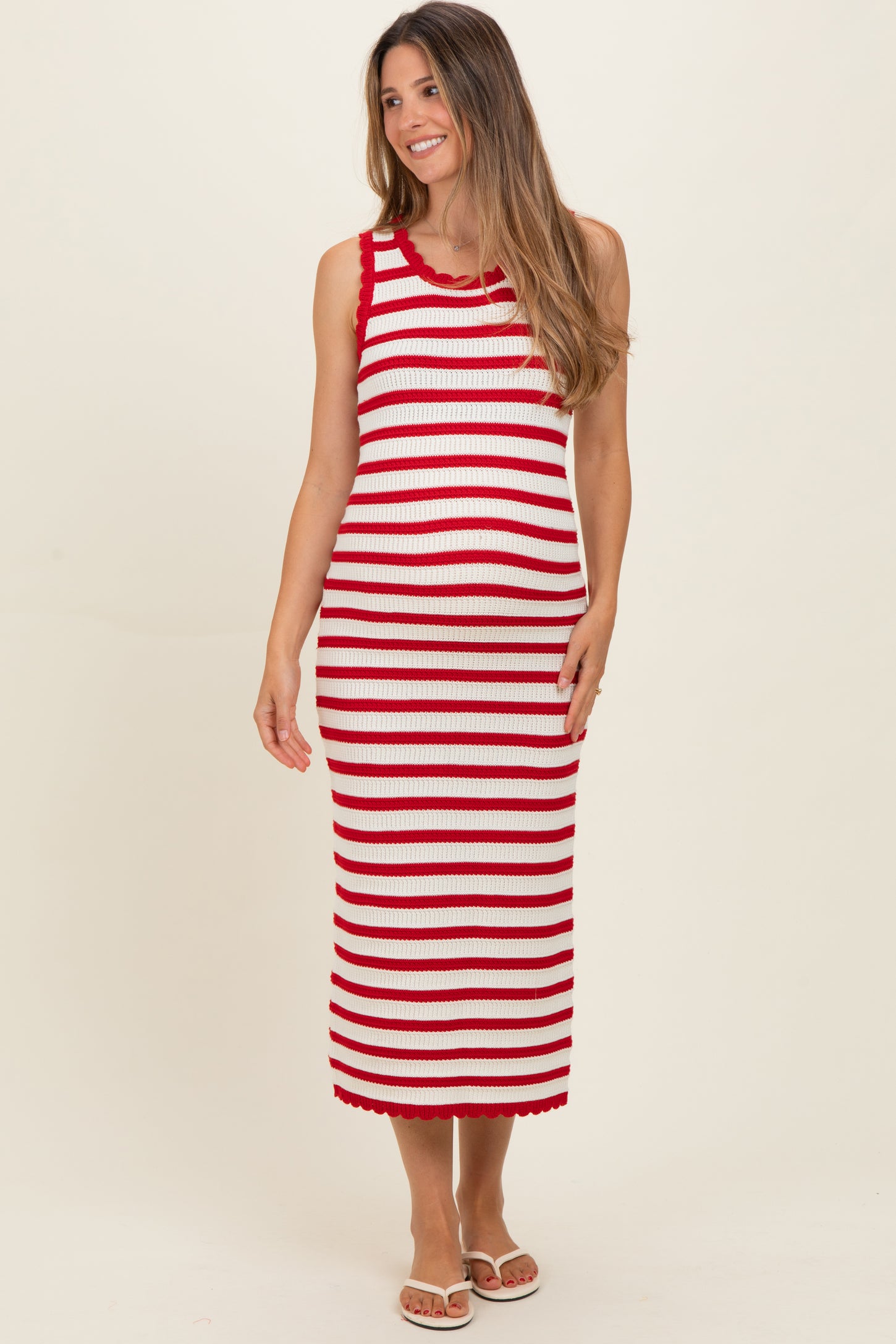 Red Striped Crochet Knit Maternity Midi Dress