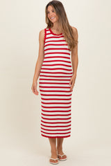 Red Striped Crochet Knit Maternity Midi Dress