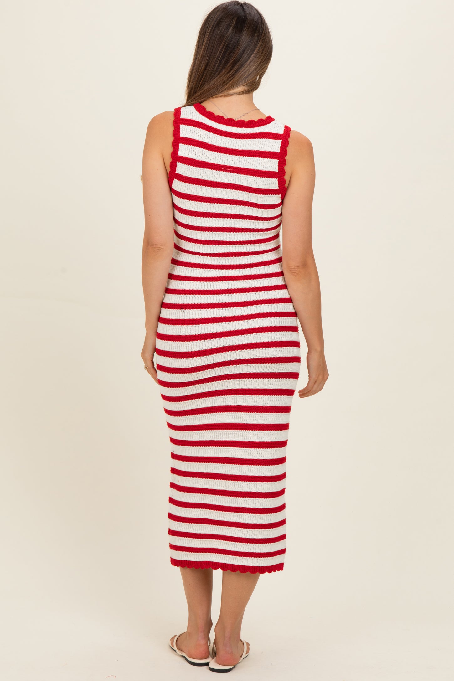 Red Striped Crochet Knit Maternity Midi Dress
